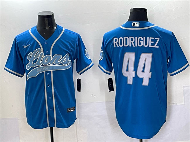 Men's Detroit Lions 44 Malcolm Rodriguez Blue Cool Base Stitched Baseball Jersey
