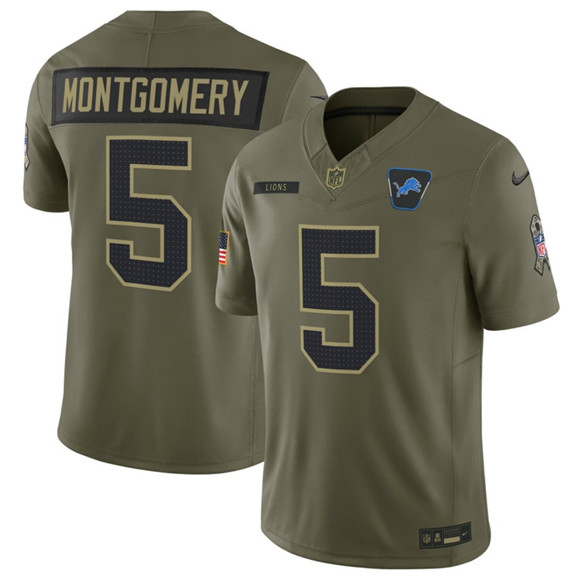 Men's Detroit Lions 5 David Montgomery Olive 2025 F.U.S.E. Salute to Service Limited Football Stitched Jersey