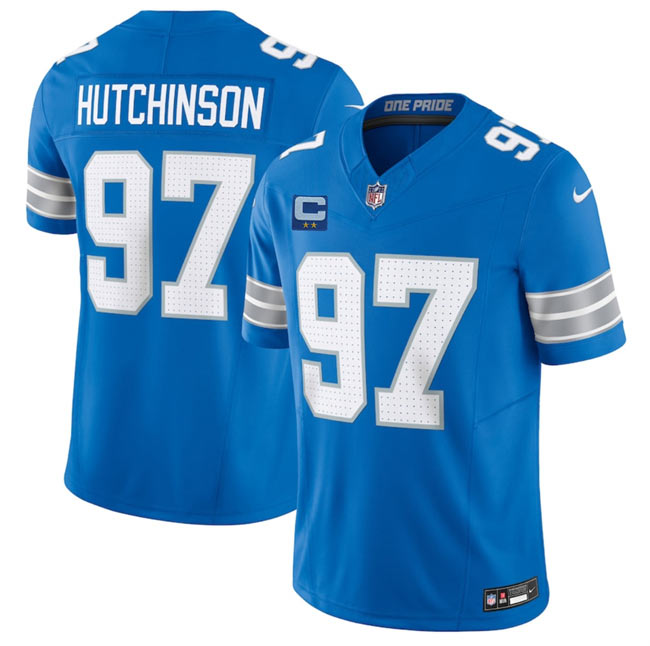 Men's Detroit Lions 97 Aidan Hutchinson Blue 2025 F.U.S.E. With 2 Star C Patch Vapor Limited Football Stitched Game Jersey