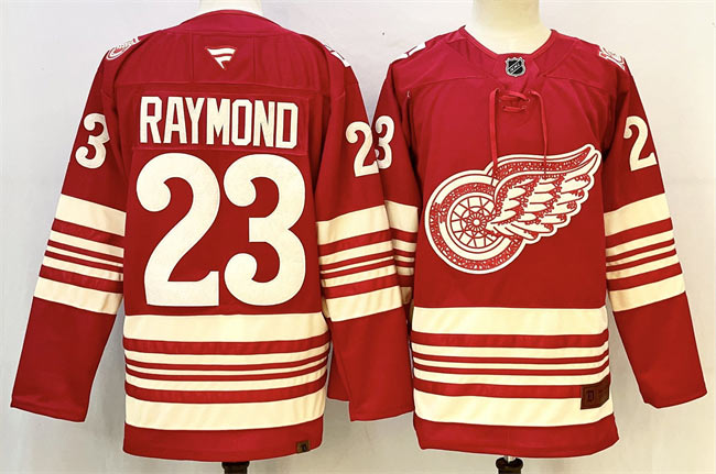 Men's Detroit Red Wings 23 Lucas Raymond Red 2025 26 Centennial Premium Stitched Hockey Jersey