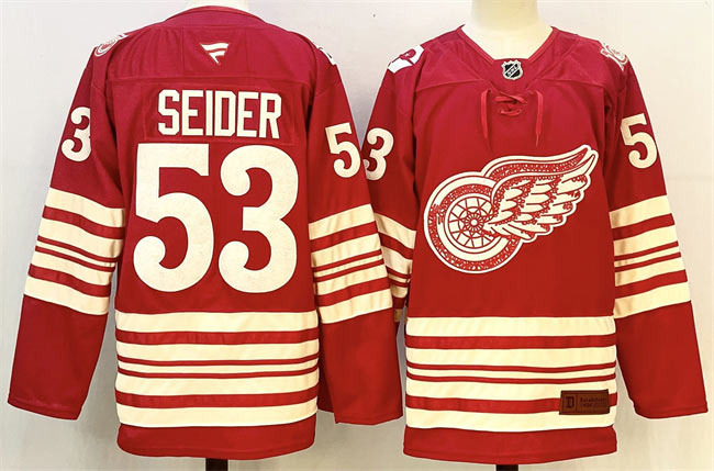 Men's Detroit Red Wings 53 Moritz Seider Red 2025 26 Centennial Premium Stitched Hockey Jersey
