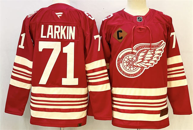 Men's Detroit Red Wings 71 Dylan Larkin Red 2025 26 With C Patch Centennial Premium Stitched Hockey Jersey