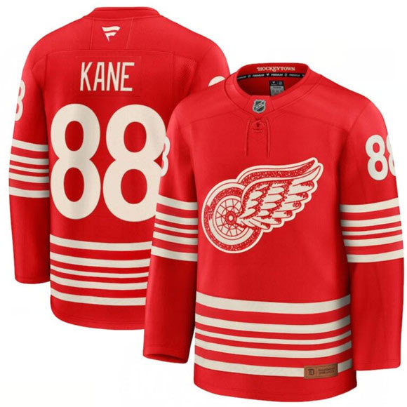 Men's Detroit Red Wings 88 Patrick Kane Red 2025 Centennial Premium Stitched Jersey