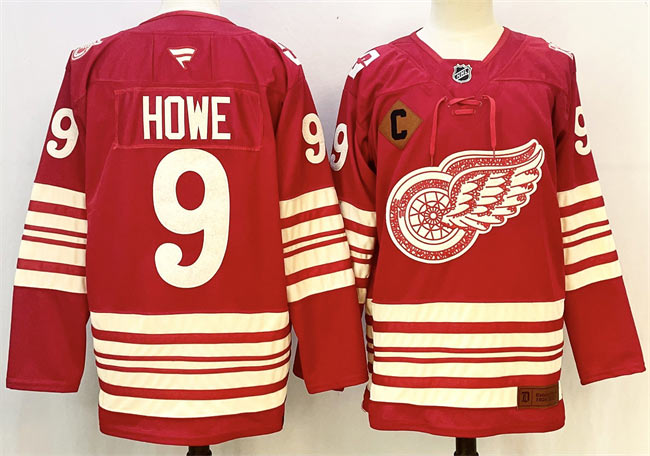 Men's Detroit Red Wings 9 Gordie Howe Red 2025 26 With C Patch Centennial Premium Stitched Hockey Jersey