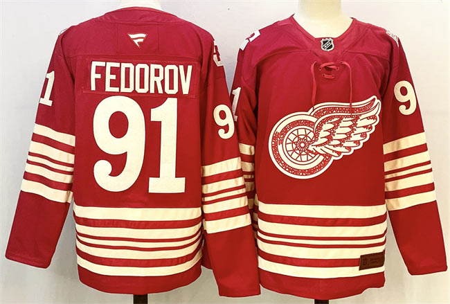 Men's Detroit Red Wings 91 Sergei Fedorov Red 2025 26 Centennial Premium Stitched Hockey Jersey