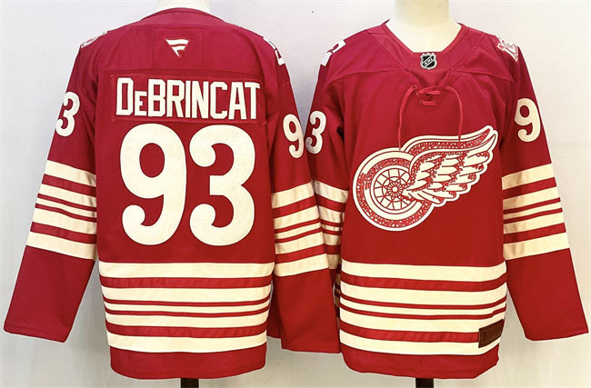 Men's Detroit Red Wings 93 Alex DeBrincat Red 2025 26 Centennial Premium Stitched Hockey Jersey