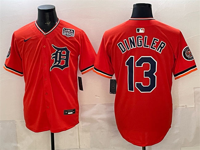 Men's Detroit Tigers 13 Dillon Dingler Orange 2026 Alternate USA 250' Patch Vapor Premier Limited Stitched Baseball Jersey