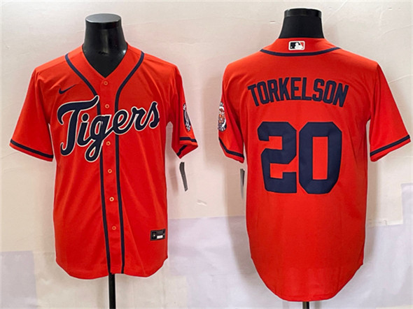 Men's Detroit Tigers 20 Spencer Torkelson Orange With Patch Cool Base Stitched Baseball Jersey