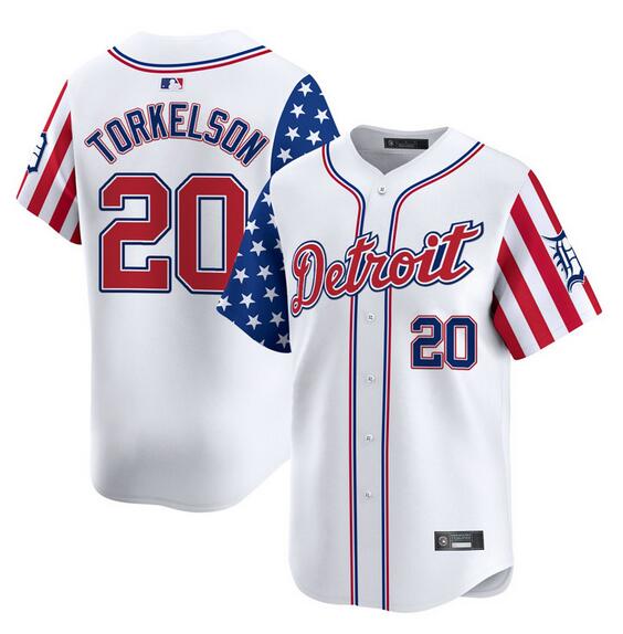 Men's Detroit Tigers 20 Spencer Torkelson White 2025 Independence Day Vapor Premier Limited Stitched Baseball Jersey