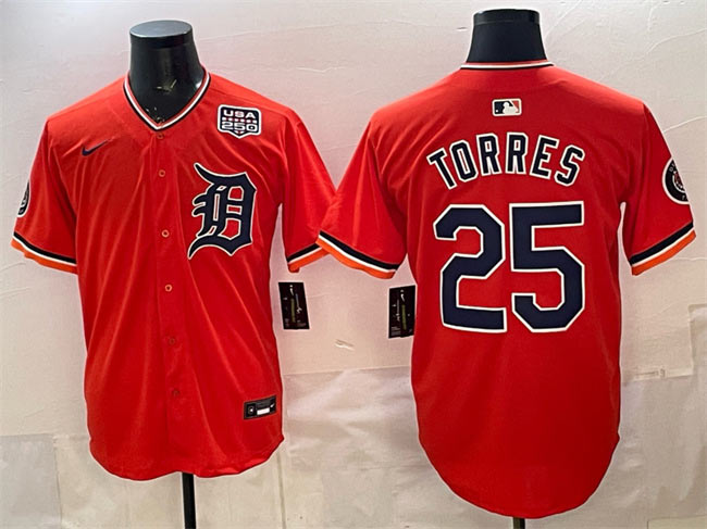 Men's Detroit Tigers 25 Gleyber Torres Orange 2026 Alternate USA 250' Patch Vapor Premier Limited Stitched Baseball Jersey