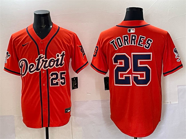 Men's Detroit Tigers 25 Gleyber Torres Orange With Patch Vapor Premier Limited Stitched Baseball Jersey