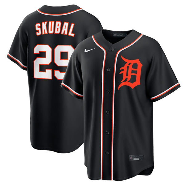 Men's Detroit Tigers 29 Tarik Skubal Black Out Stitched Baseball Jersey