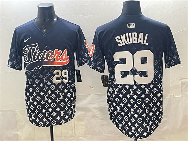 Men's Detroit Tigers 29 Tarik Skubal Navy With Patch Vapor Premier Limited Stitched Baseball Jersey