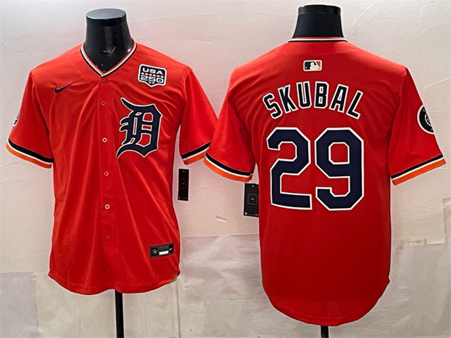 Men's Detroit Tigers 29 Tarik Skubal Orange 2026 Alternate USA 250' Patch Vapor Premier Limited Stitched Baseball Jersey