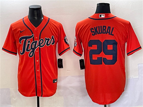 Men's Detroit Tigers 29 Tarik Skubal Orange With Patch Cool Base Stitched Baseball Jersey