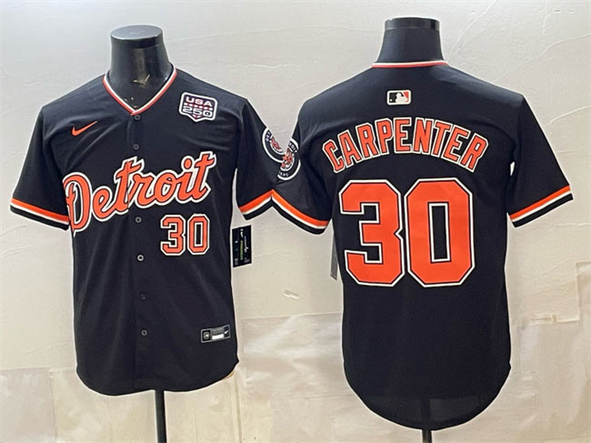 Men's Detroit Tigers 30 Kerry Carpenter Black 2026 Alternate USA 250' Patch Vapor Premier Limited Stitched Baseball Jersey
