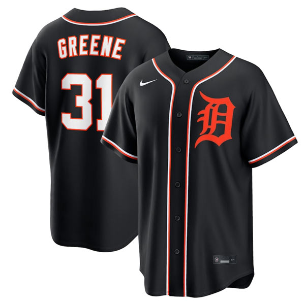 Men's Detroit Tigers 31 Riley Greene Black Out Stitched Baseball Jersey