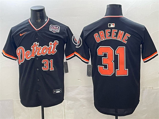 Men's Detroit Tigers 31 Riley Greene Navy 2026 Alternate USA 250' Patch Vapor Premier Limited Stitched Baseball Jersey