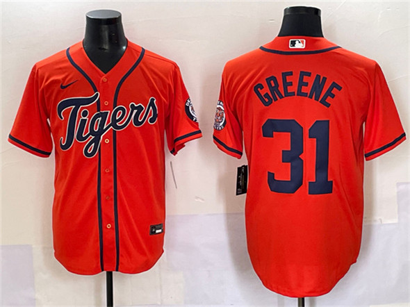 Men's Detroit Tigers 31 Riley Greene Orange With Patch Cool Base Stitched Baseball Jersey