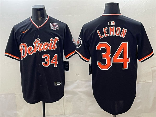 Men's Detroit Tigers 34 Chet Lemon Black 2026 Alternate USA 250' Patch Vapor Premier Limited Stitched Baseball Jersey