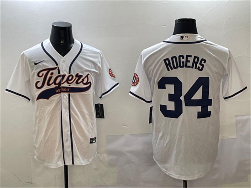Men's Detroit Tigers 34 Jake Rogers White With Patch Cool Base Stitched Baseball Jersey