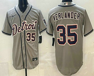 Men's Detroit Tigers 35 Justin Verlander Grey Number Cool Base Jersey