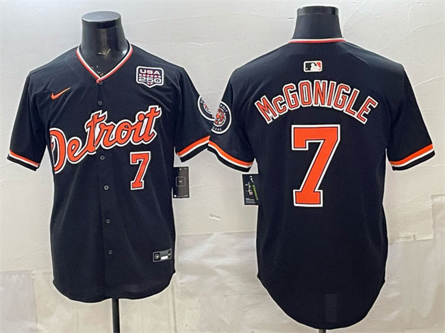 Men's Detroit Tigers 7 Kevin McGonigle Black 2026 Alternate USA 250' Patch Vapor Premier Limited Stitched Baseball Jersey