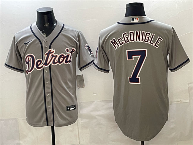 Men's Detroit Tigers 7 Kevin McGonigle Grey Cool Base Stitched Baseball Jersey