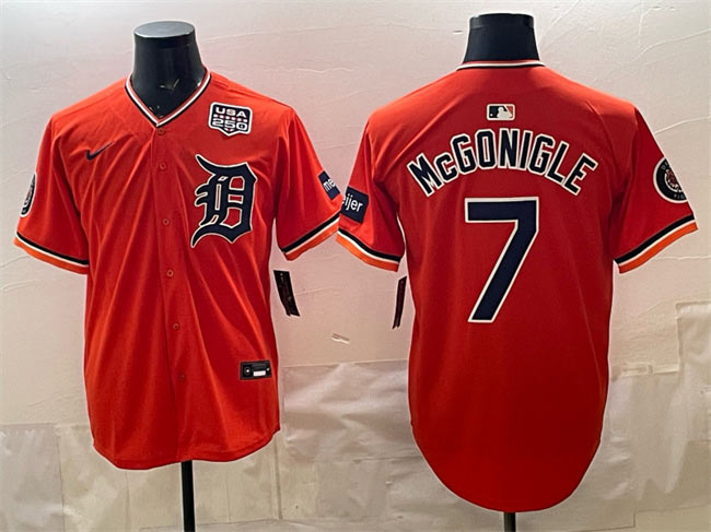 Men's Detroit Tigers 7 Kevin McGonigle Orange 2026 Alternate With Meijer Patch & USA 250' Patch Vapor Premier Limited Stitched Baseball Jersey
