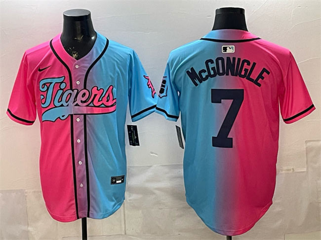 Men's Detroit Tigers 7 Kevin McGonigle Pink Blue Limited Stitched Baseball Jersey