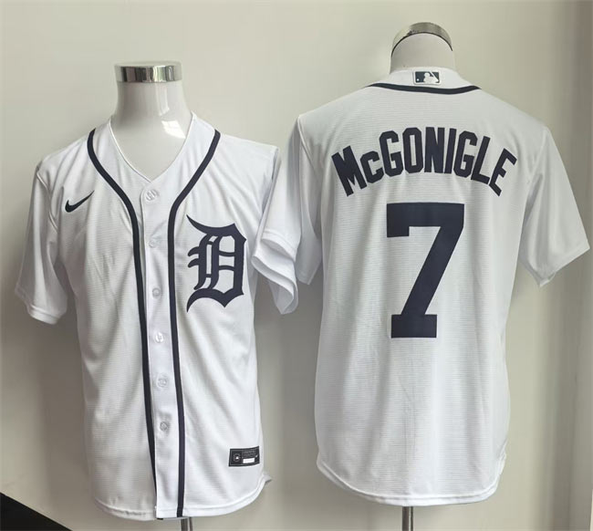 Men's Detroit Tigers 7 Kevin McGonigle White Cool Base Stitched Baseball Jersey