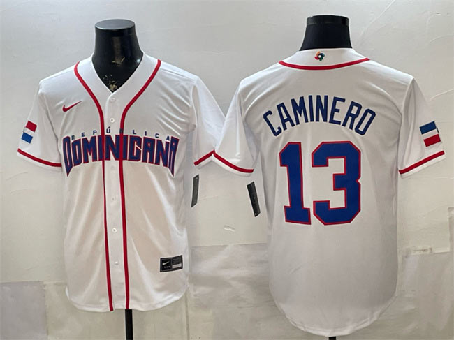 Men's Dominican Republic Baseball 13 Junior Caminero White 2026 World Baseball Classic Home Stadium Stitched Jersey
