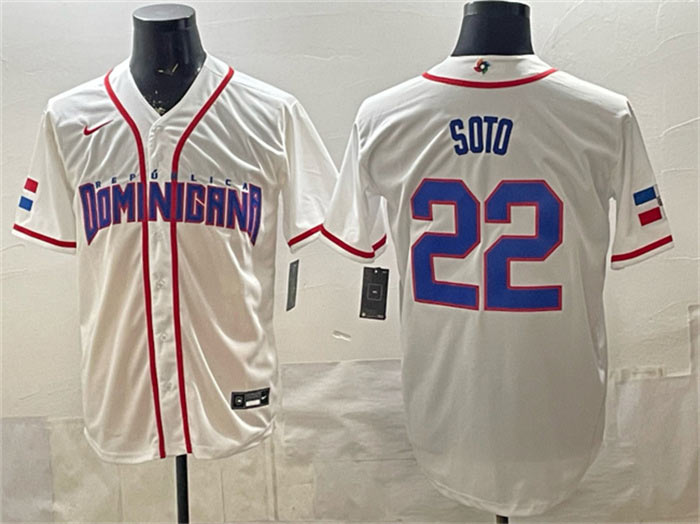 Men's Dominican Republic Baseball 22 Juan Soto White 2026 World Baseball Classic Home Stadium Stitched Jersey
