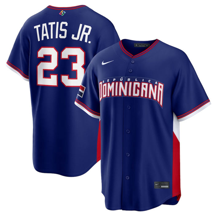 Men's Dominican Republic Baseball 23 Fernando Tatis Jr. Navy 2026 World Baseball Classic Road Stadium Stitched Jersey