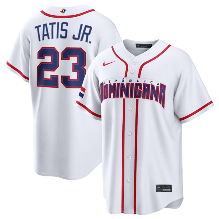Men's Dominican Republic Baseball 23 Fernando Tatis Jr. White 2026 World Baseball Classic Home Stadium Stitched Jersey