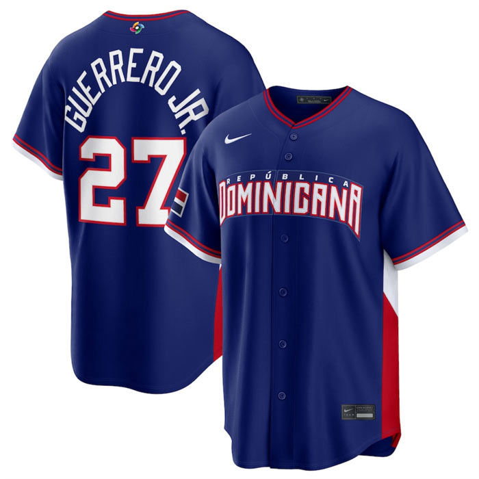 Men's Dominican Republic Baseball 27 Vladimir Guerrero Jr. Navy 2026 World Baseball Classic Road Stadium Stitched Jersey