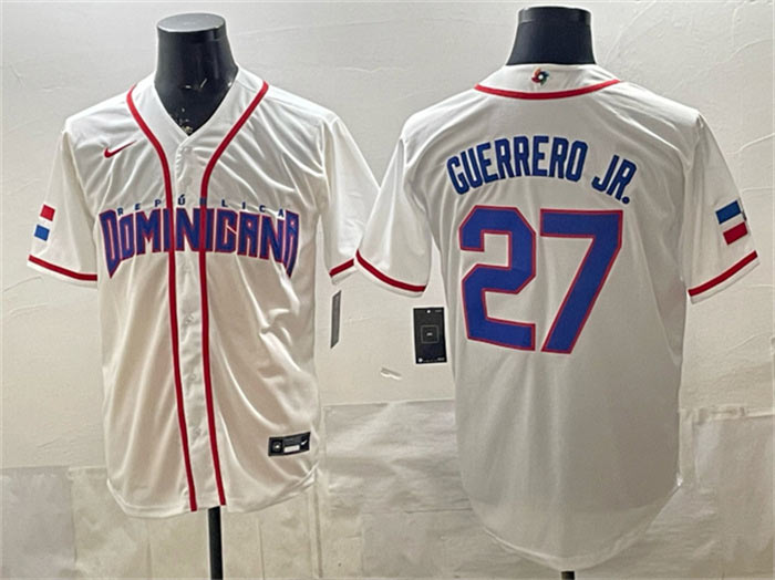 Men's Dominican Republic Baseball 27 Vladimir Guerrero Jr. White 2026 World Baseball Classic Home Stadium Stitched Jersey