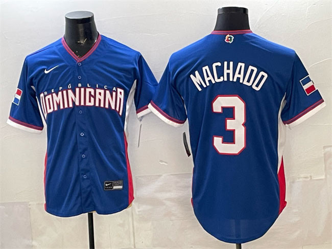Men's Dominican Republic Baseball 3 Manny Machado Royal 2026 World Baseball Classic Road Stadium Stitched Jersey