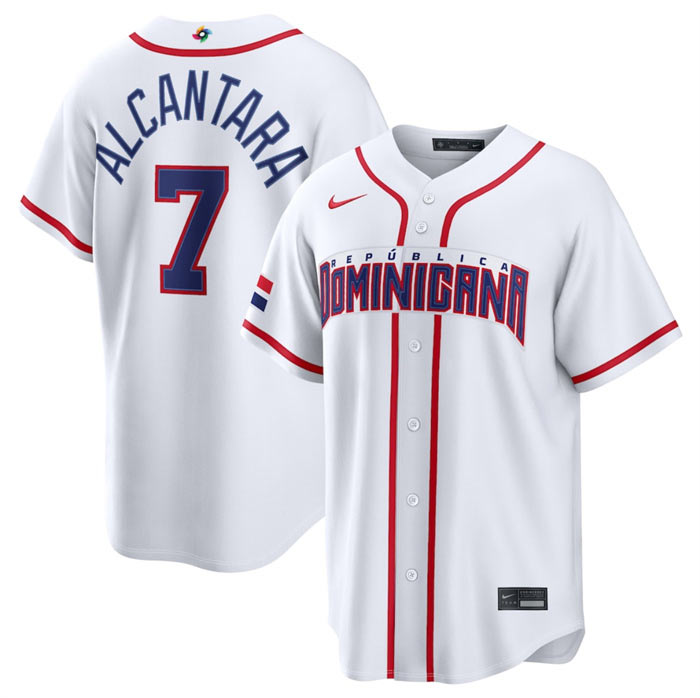 Men's Dominican Republic Baseball 7 Sandy Alcantara White 2026 World Baseball Classic Home Stadium Stitched Jersey