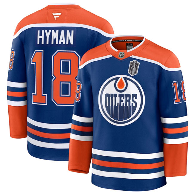 Men's Edmonton Oilers 18 Zach Hyman Royal 2025 Stanley Cup Final Patch Stitched Hockey Jersey