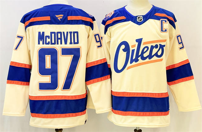 Men's Edmonton Oilers 97 Connor McDavid Light Beige 2025 Alternate With C Patch Stitched Hockey Jersey