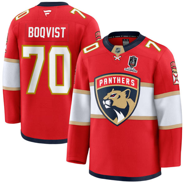 Men's Florida Panthers 70 Jesper Boqvist Red Home 2025 Stanley Cup Champions Patch Stitched Jersey