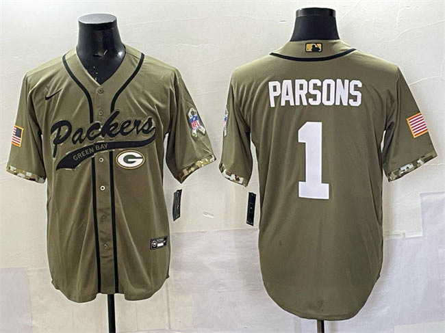 Men's Green Bay Packers 1 Micah Parsons Olive Salute to Service Cool Base Stitched Baseball Jersey