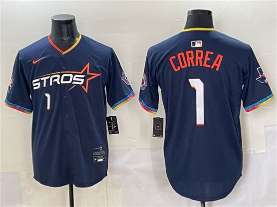 Men's Houston Astros 1 Carlos Correa Navy 2025 City Connect With Texas Patch Limited Stitched Baseball Jersey