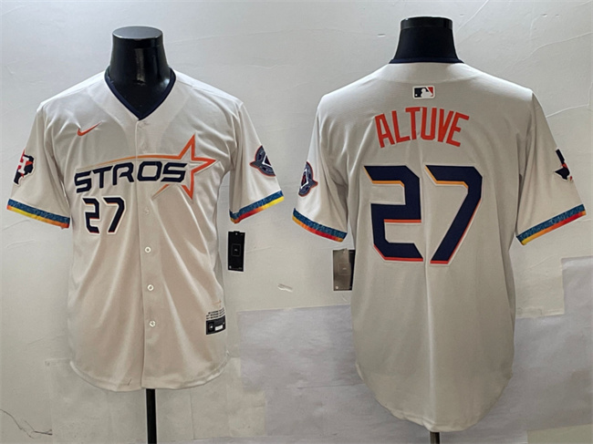 Men's Houston Astros 27 Jose Altuve Cream 2025 City Connect With Texas Patch Limited Stitched Baseball Jersey