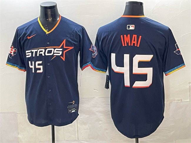 Men's Houston Astros 45 Tatsuya Imai Navy 2025 City Connect With Texas Patch Limited Stitched Baseball Jersey
