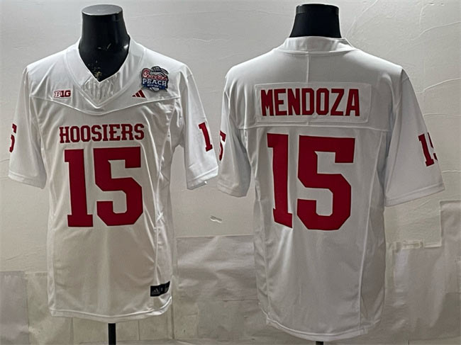 Men's Indiana Hoosiers 15 Fernando Mendoza White F.U.S.E. Peach Bowl Patch Stitched Football Jersey