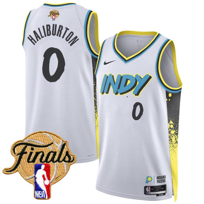 Men's Indiana Pacers 0 Tyrese Haliburton White 2025 Finals City Edition Stitched Basketball Jersey