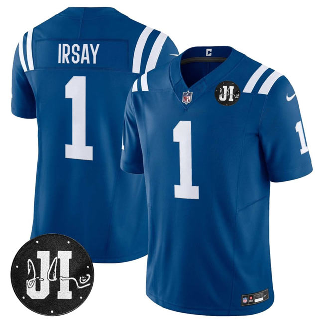 Men's Indianapolis Colts 1 Jim Irsay Blue 2025 F.U.S.E. Jim Irsay Patch Vapor Limited Football Stitched Jersey