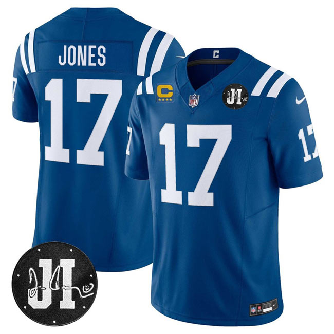 Men's Indianapolis Colts 17 Daniel Jones Blue 2025 F.U.S.E. With 4 Star C Patch And Jim Irsay Patch Vapor Limited Football Stitched Jersey